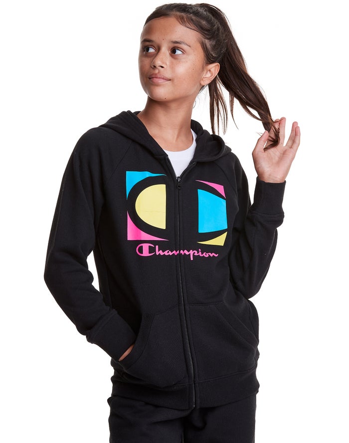 Champion Hoodie Meisjes - Zwart - Full Zip Colorblock C Logo ( 476183-IGH )